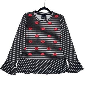 Nanette Lepore Beaded Kisses Striped Long Bell Sleeve Peplum Top Large Gray